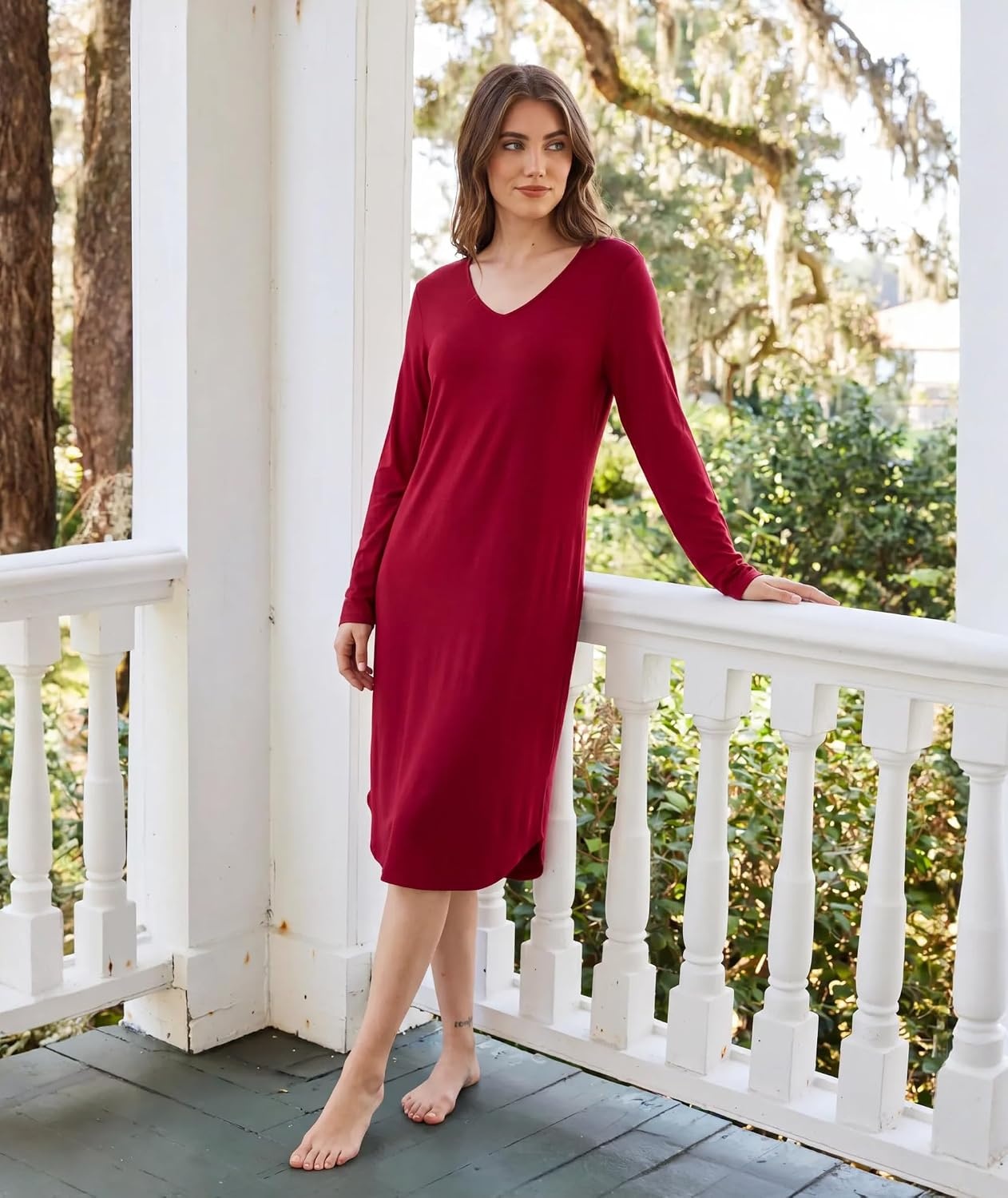 image:imageGYS Bamboo Viscose Nightgowns for Women Soft Long Sleeve VNeck Night ShirtWine