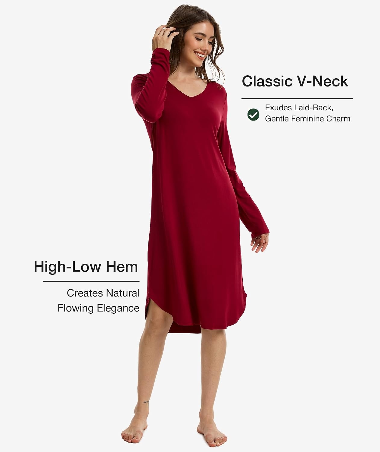 image:imageGYS Bamboo Viscose Nightgowns for Women Soft Long Sleeve VNeck Night ShirtWine