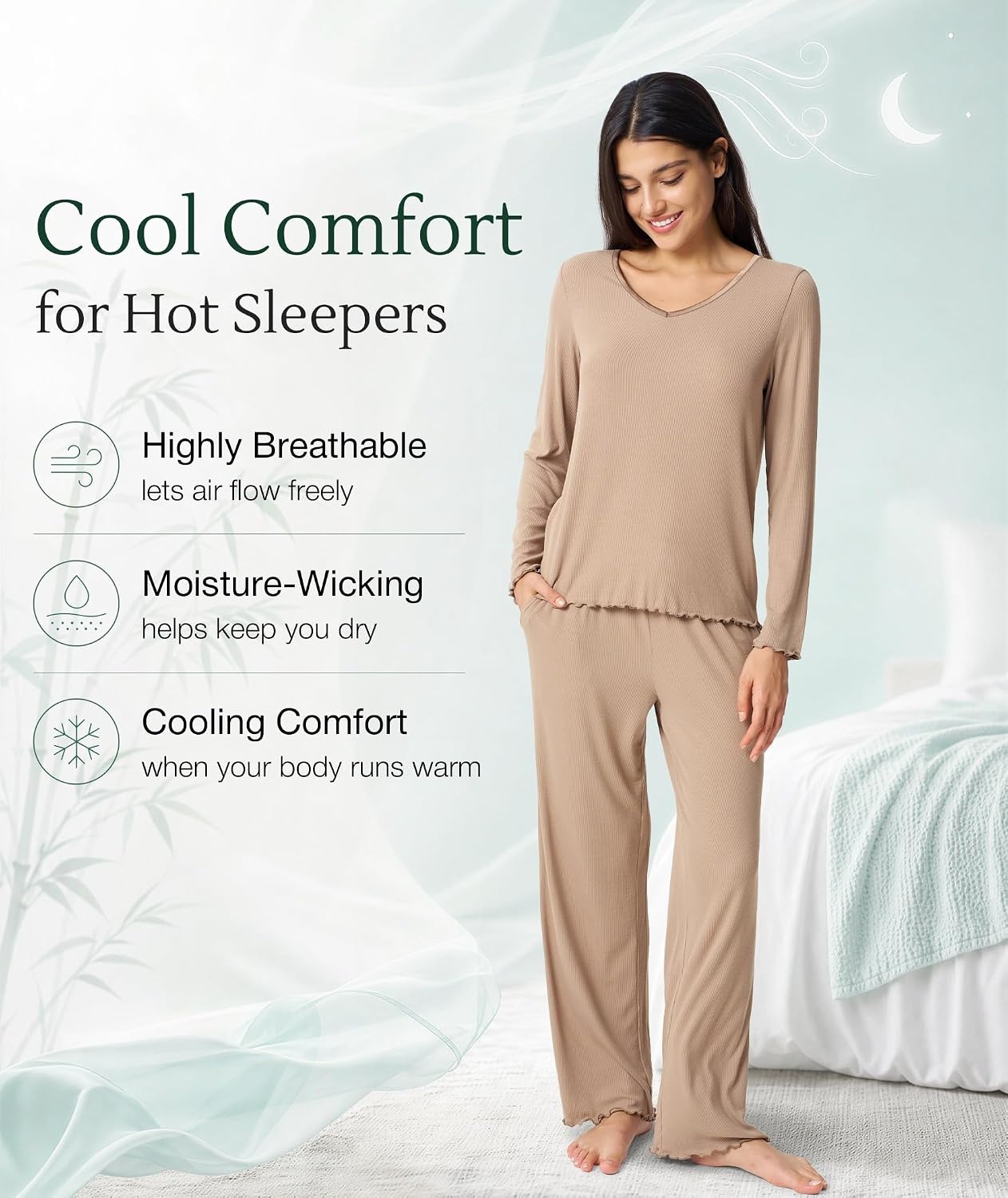image:imageGYS Bamboo Viscose Pajamas for Women Long Sleeve Sleepwear for Hot SleepersLight Brown