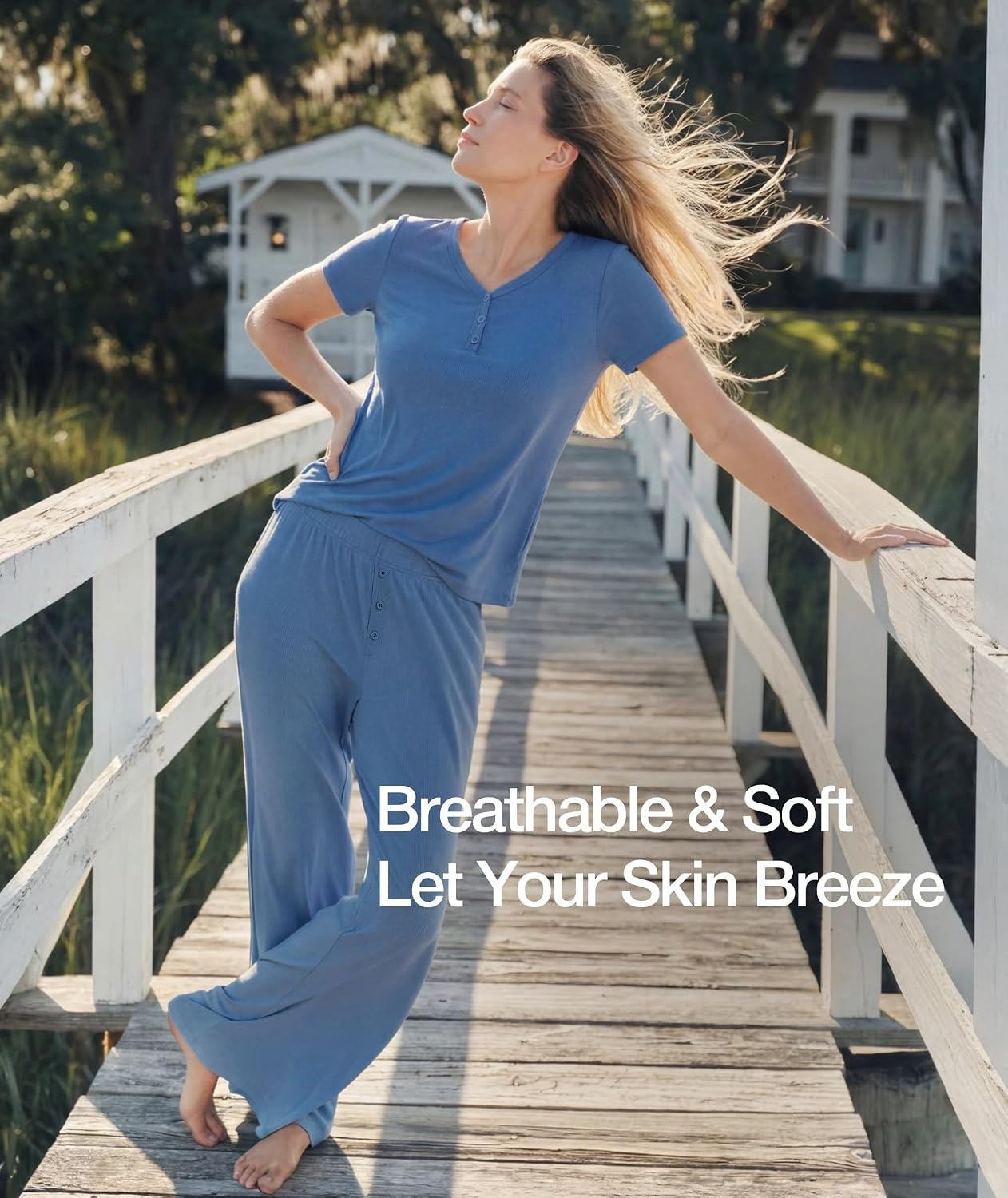 image:imageGYS Bamboo Viscose Pajamas for Women Set Butterysoft Loungewear PJs SetGrayish Blue
