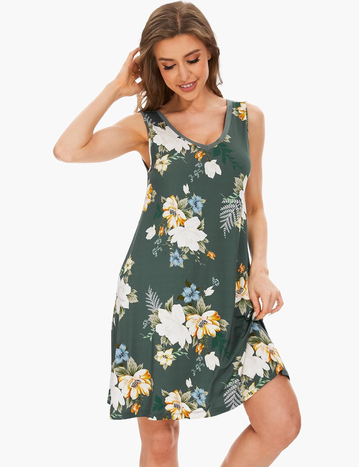 image:imageGYS Cooling Bamboo Viscose Sleeveless Nightgowns for WomenB Green Floral