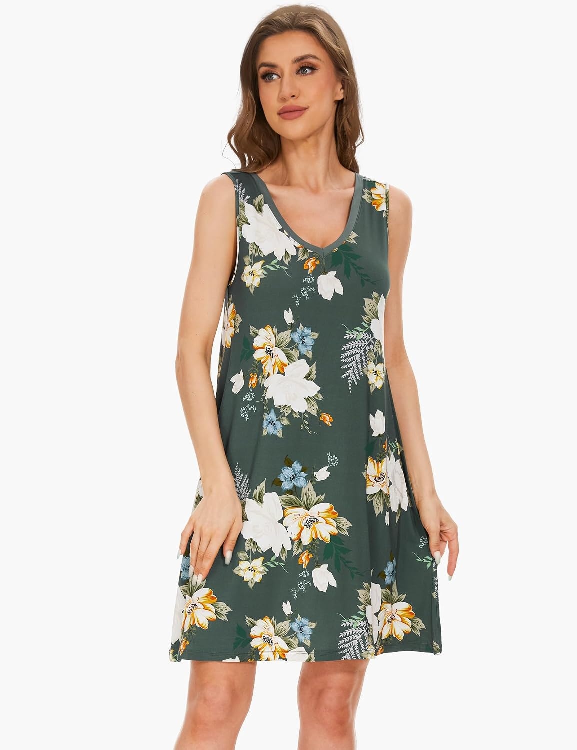 image:imageGYS Cooling Bamboo Viscose Sleeveless Nightgowns for WomenB Green Floral
