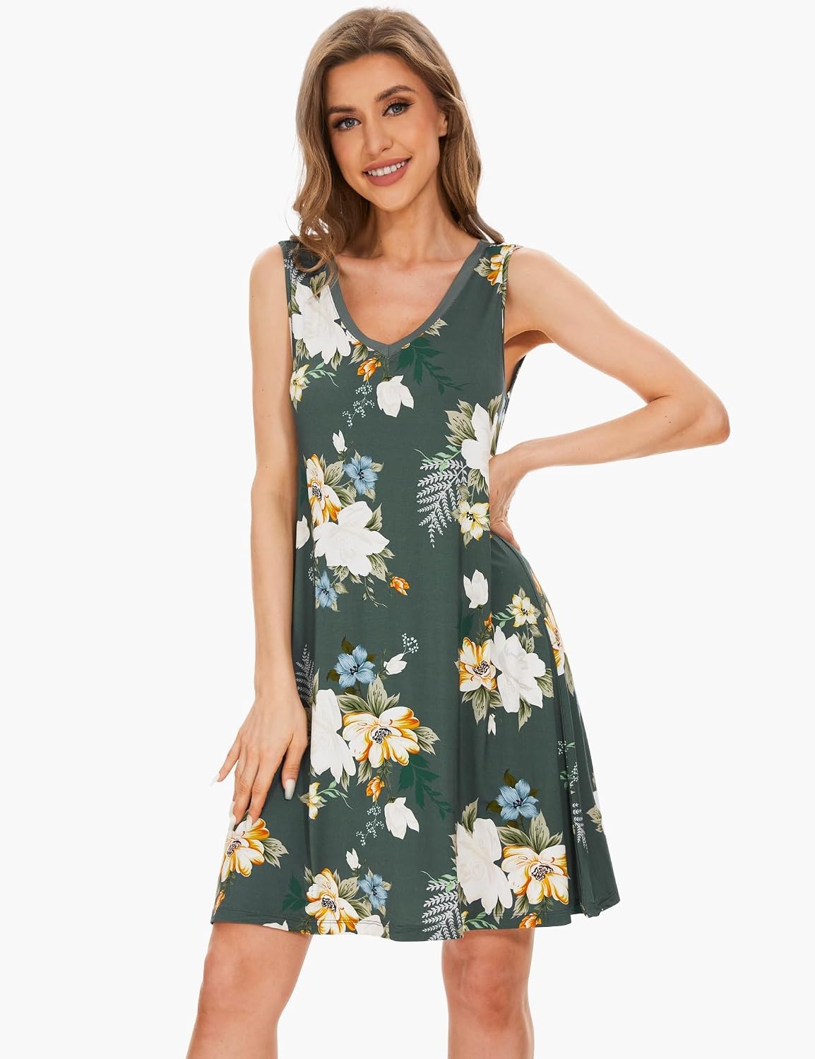 image:imageGYS Cooling Bamboo Viscose Sleeveless Nightgowns for WomenB Green Floral