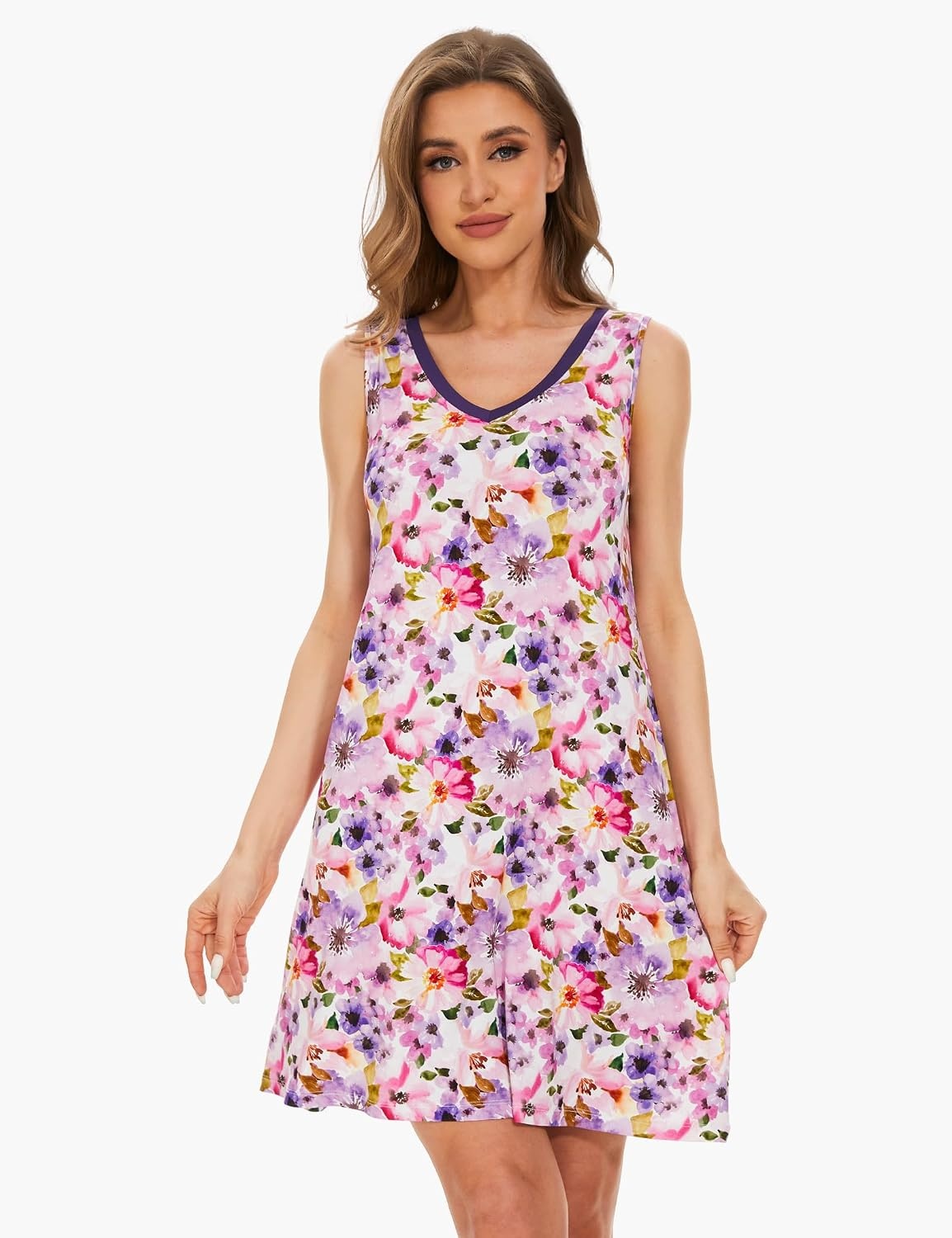image:imageGYS Cooling Bamboo Viscose Sleeveless Nightgowns for WomenB Purple Floral
