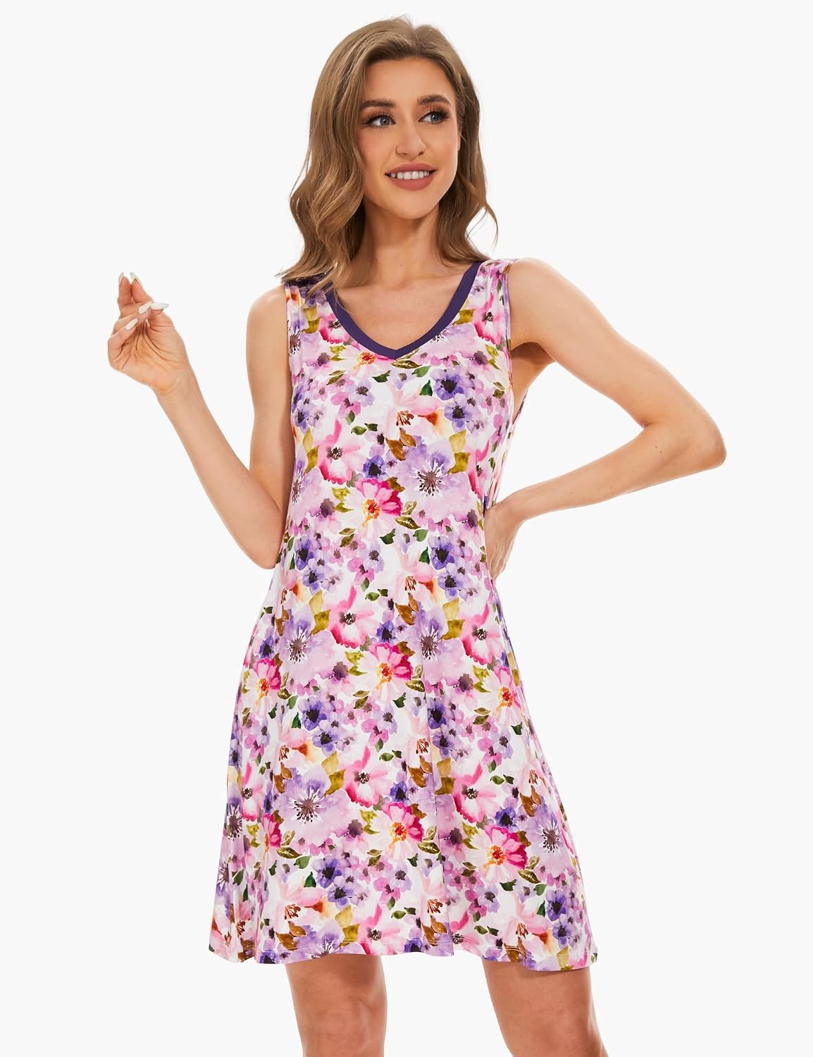 image:imageGYS Cooling Bamboo Viscose Sleeveless Nightgowns for WomenB Purple Floral