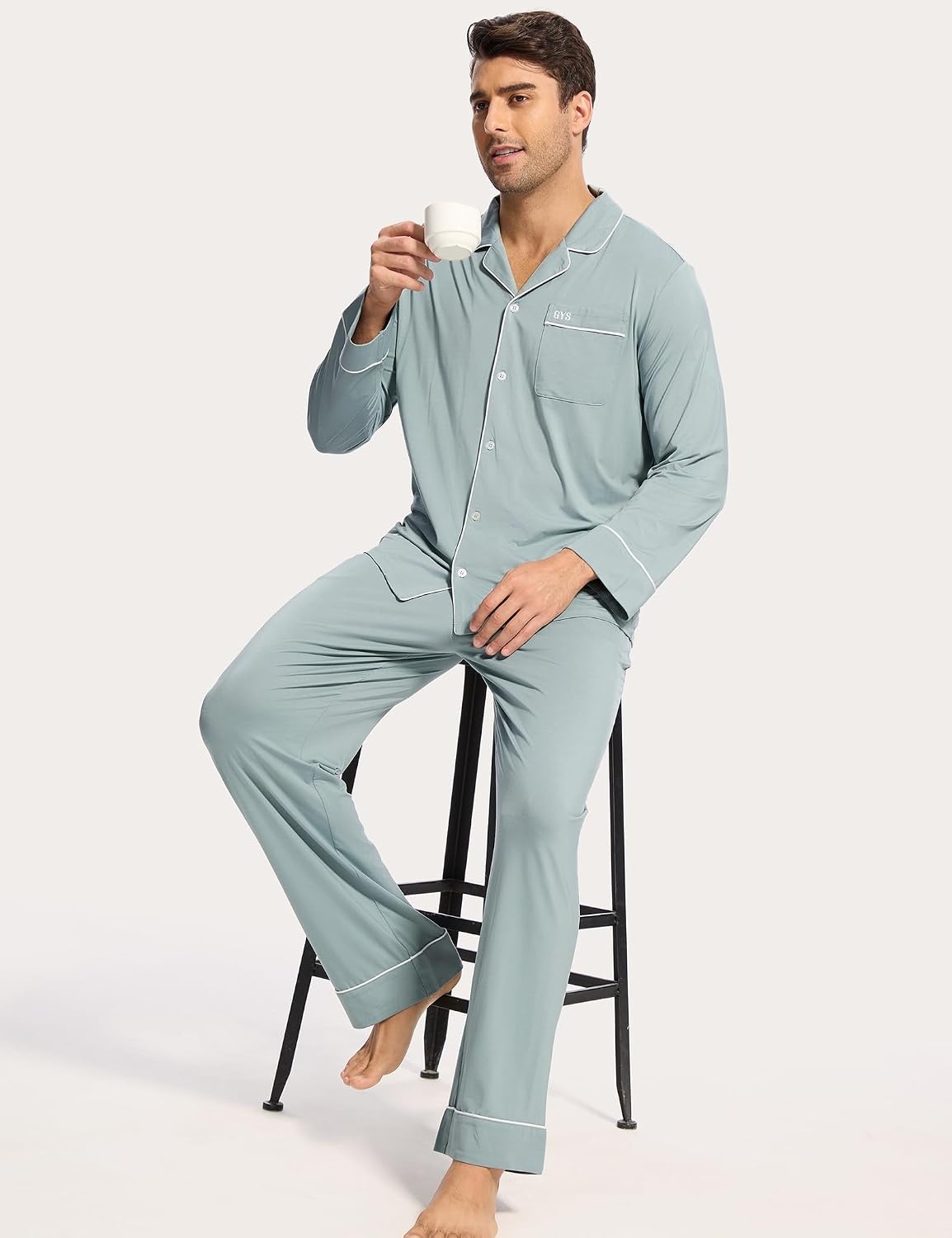 image:imageGYS Mens Bamboo Viscose Long Sleeve Pajamas SetLight Greyish Green
