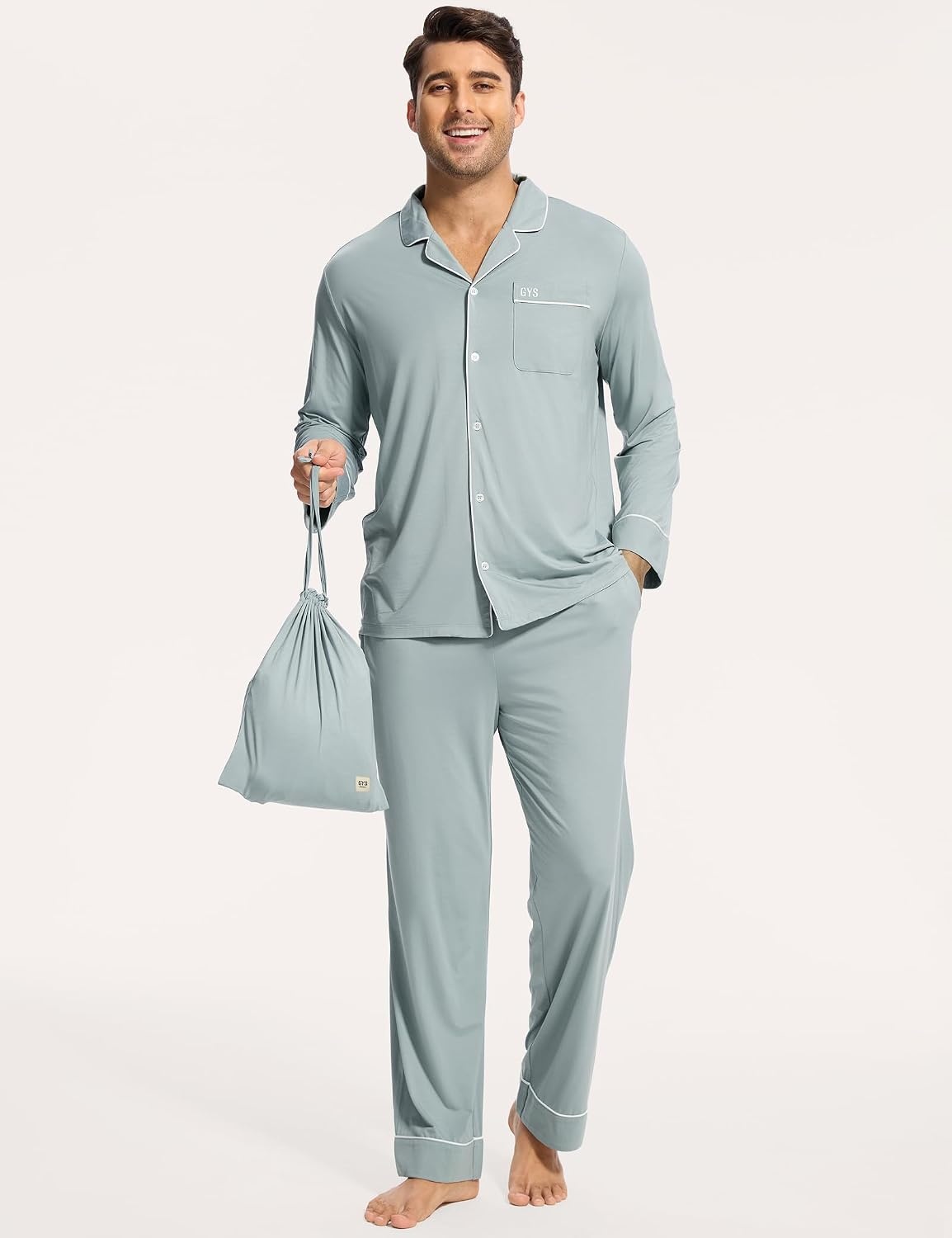 image:imageGYS Mens Bamboo Viscose Long Sleeve Pajamas SetLight Greyish Green