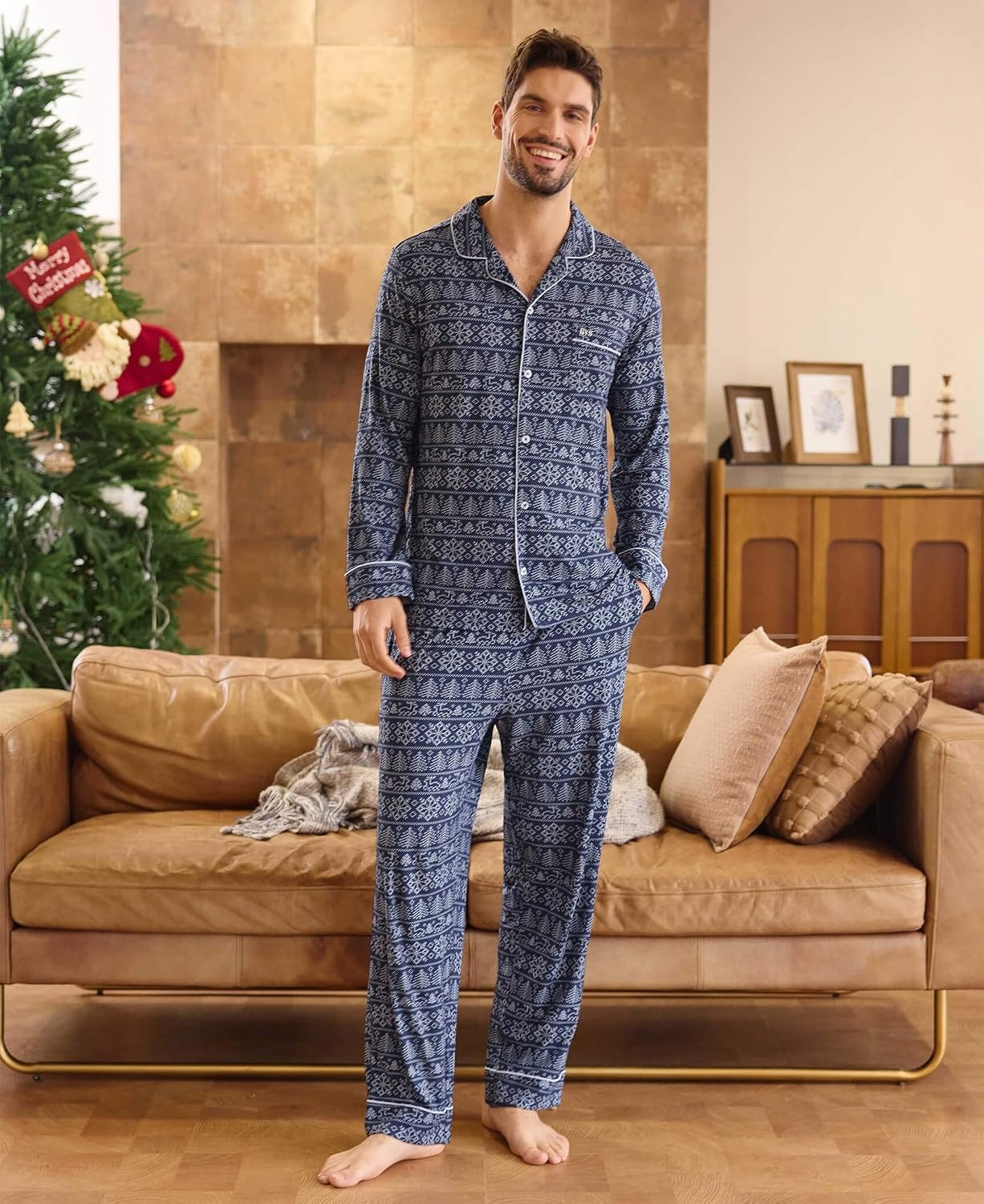 image:imageGYS Mens Bamboo Viscose Long Sleeve Pajamas SetNavy Elk