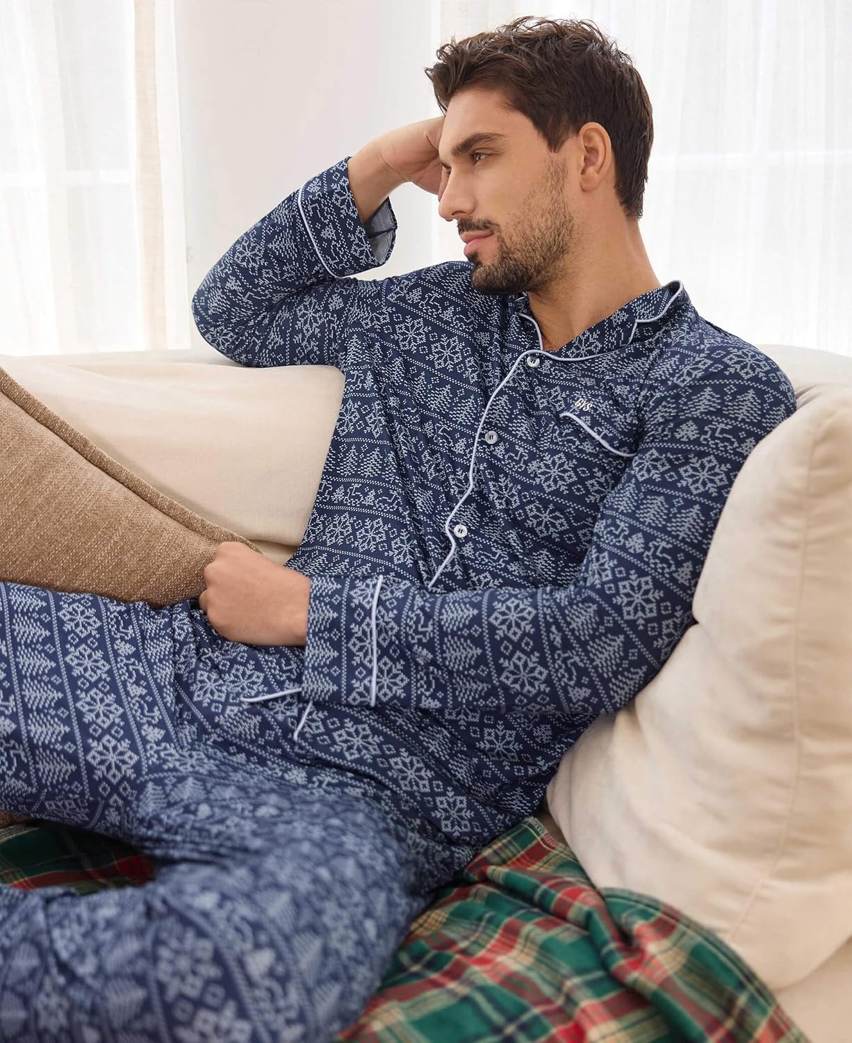 image:imageGYS Mens Bamboo Viscose Long Sleeve Pajamas SetNavy Elk