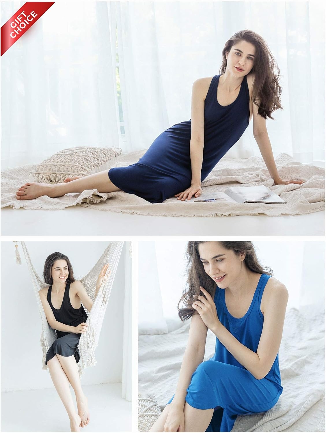 image:imageGYS Womens Bamboo Viscose Cooling Racerback Tank NightgownNavy