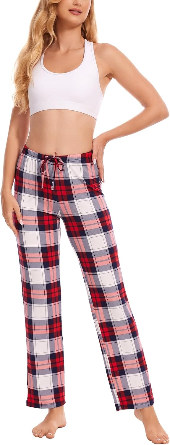 image:imageGYS Womens Bamboo Viscose Pajama Pants Soft Lightweight Lounge BottomsWhite Red Plaid
