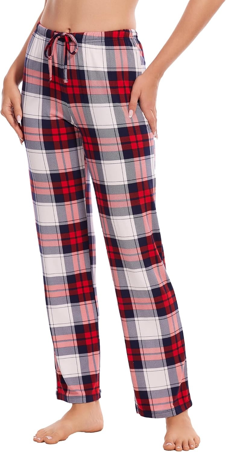 image:imageGYS Womens Bamboo Viscose Pajama Pants Soft Lightweight Lounge BottomsWhite Red Plaid