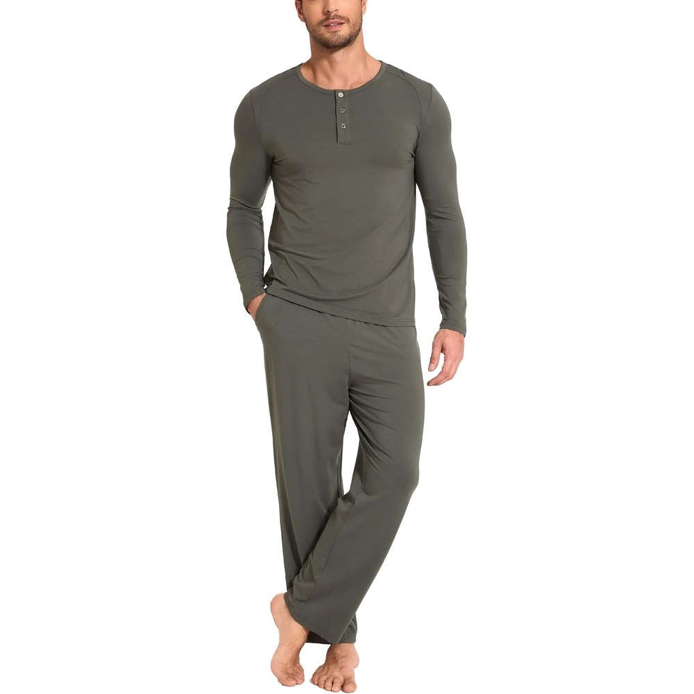 image:imageGYS Bamboo Viscose Mens Pajama Sets Long Sleeve Henley Neck SleepwearGreyish Green