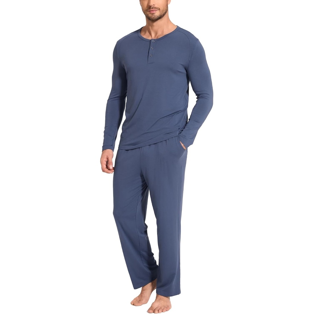 image:imageGYS Bamboo Viscose Mens Pajama Sets Long Sleeve Henley Neck SleepwearMidnight Blue