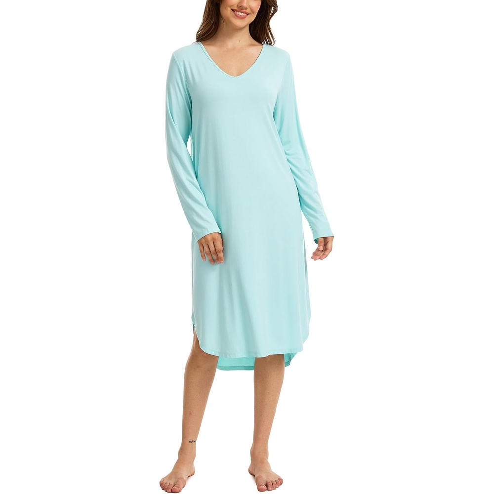 image:imageGYS Bamboo Viscose Nightgowns for Women Soft Long Sleeve VNeck Night ShirtAqua