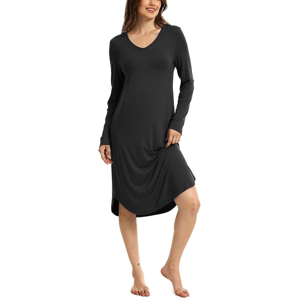 image:imageGYS Bamboo Viscose Nightgowns for Women Soft Long Sleeve VNeck Night ShirtBlack