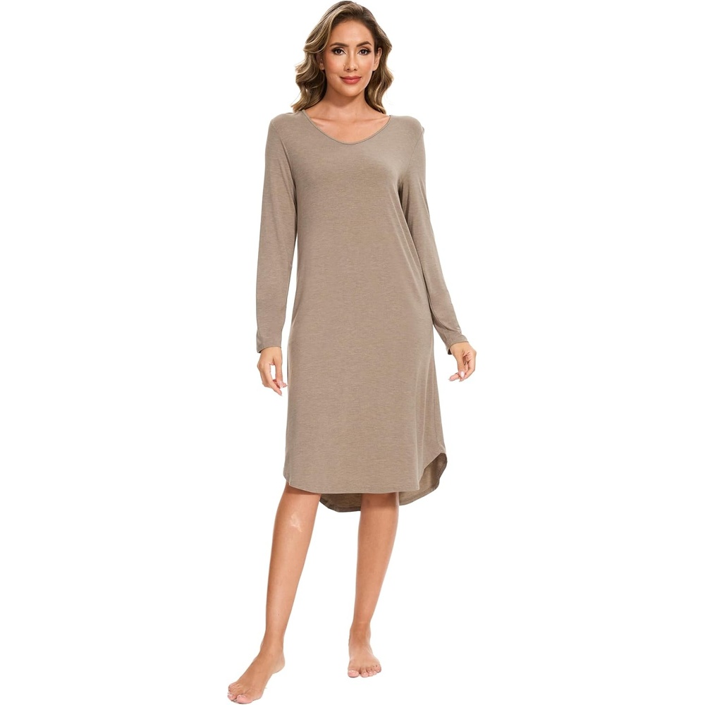 image:imageGYS Bamboo Viscose Nightgowns for Women Soft Long Sleeve VNeck Night ShirtCamel