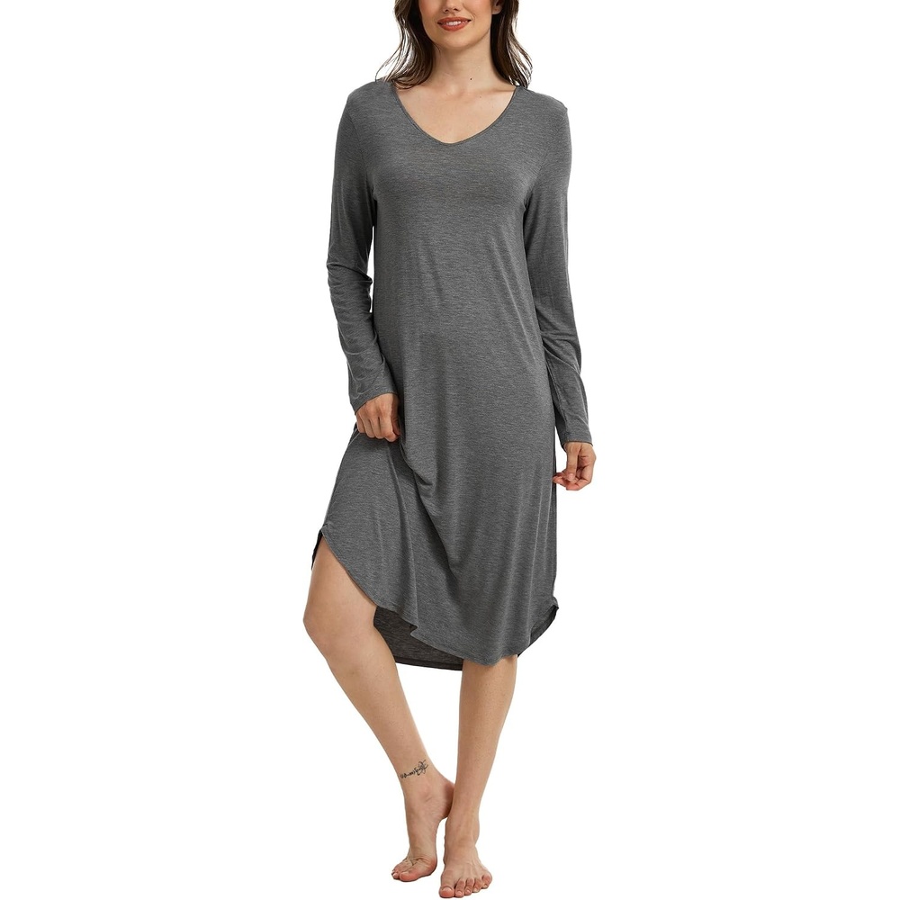 image:imageGYS Bamboo Viscose Nightgowns for Women Soft Long Sleeve VNeck Night ShirtDark Heather Grey