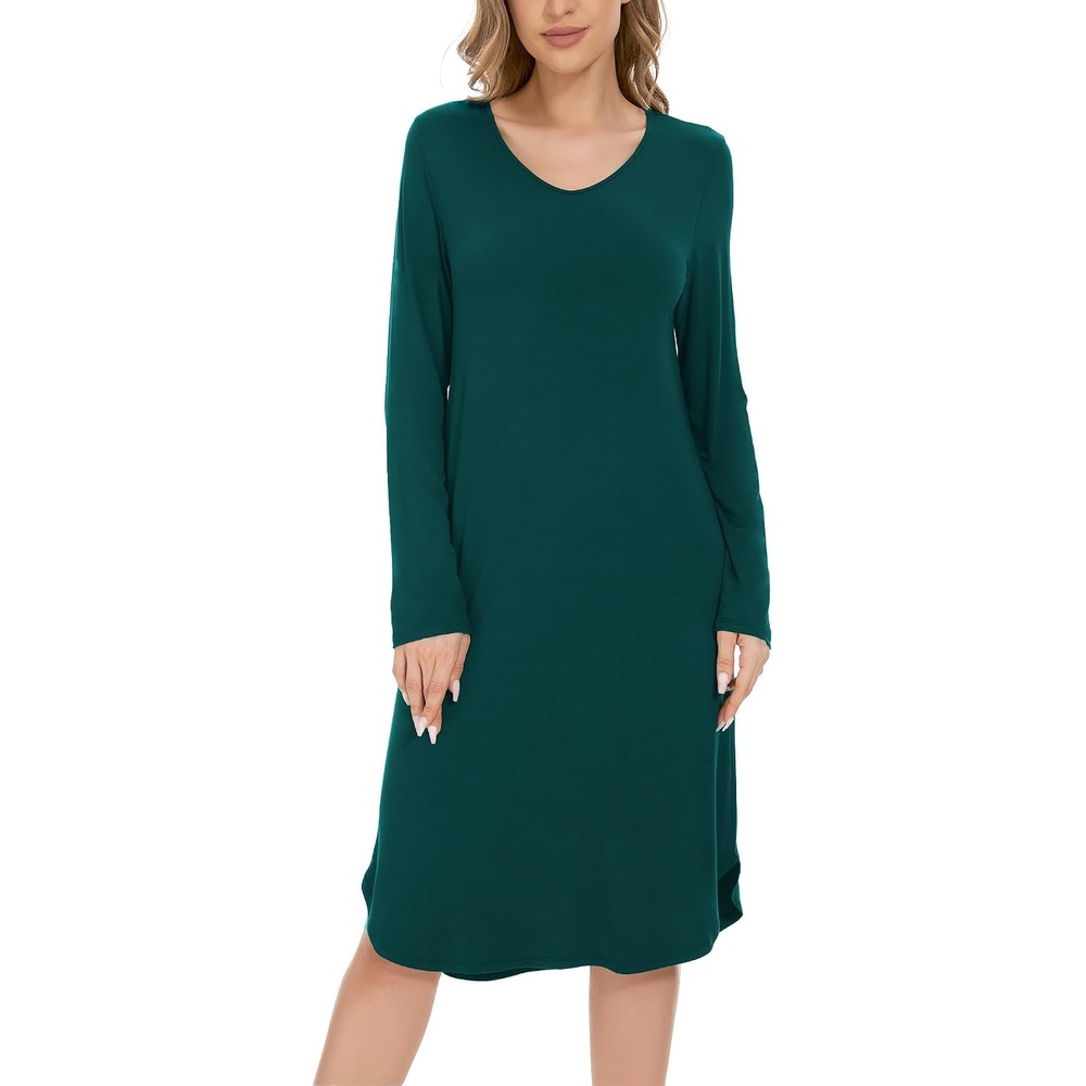image:imageGYS Bamboo Viscose Nightgowns for Women Soft Long Sleeve VNeck Night ShirtGreen