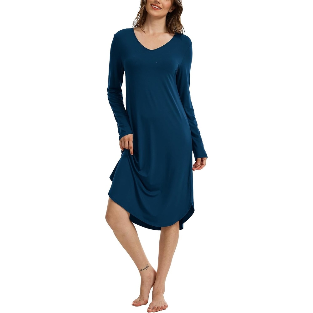 image:imageGYS Bamboo Viscose Nightgowns for Women Soft Long Sleeve VNeck Night ShirtInk Blue