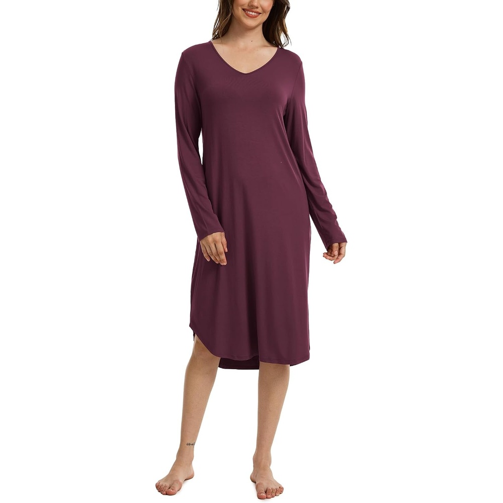 image:imageGYS Bamboo Viscose Nightgowns for Women Soft Long Sleeve VNeck Night ShirtPrune Purple