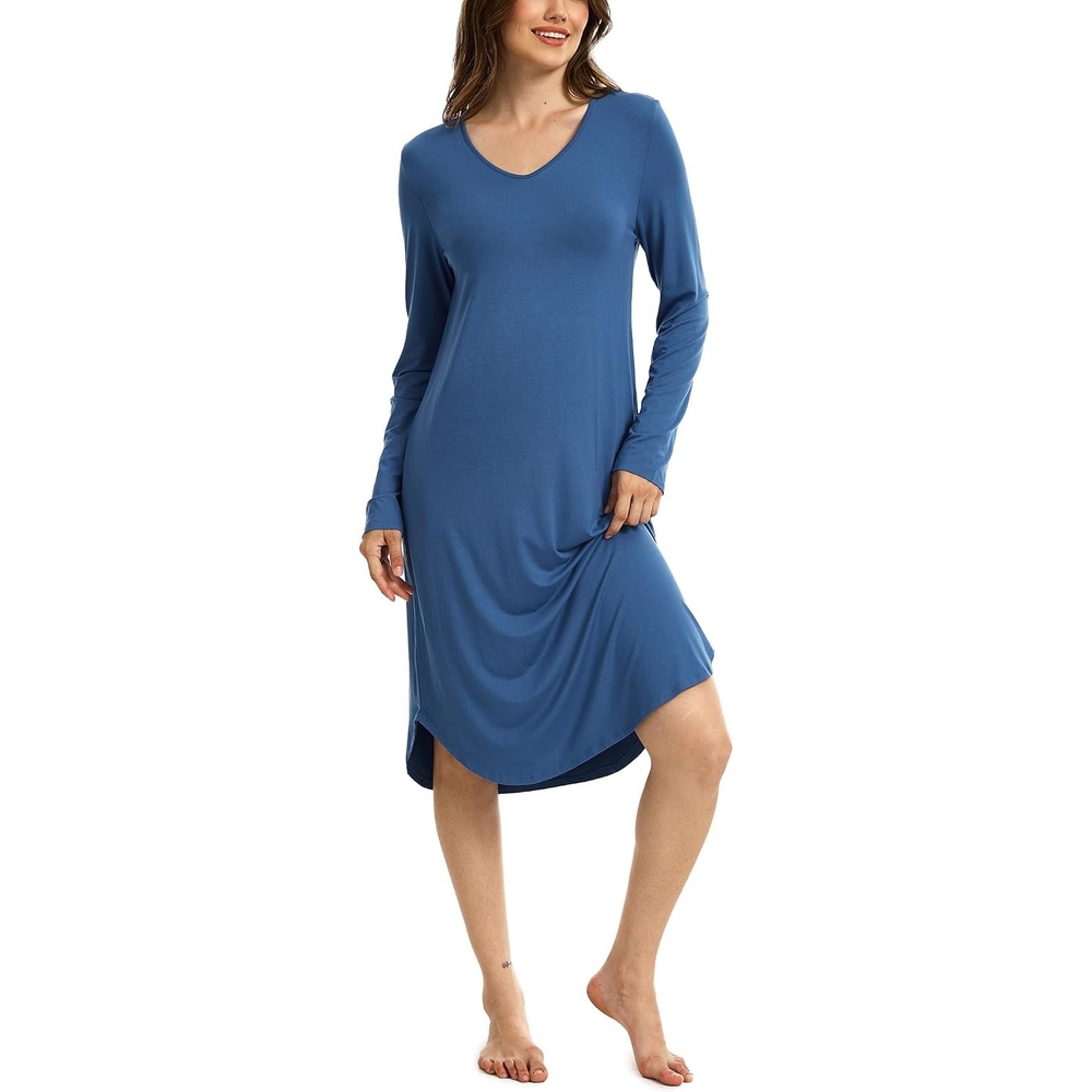 image:imageGYS Bamboo Viscose Nightgowns for Women Soft Long Sleeve VNeck Night ShirtPrussian Blue