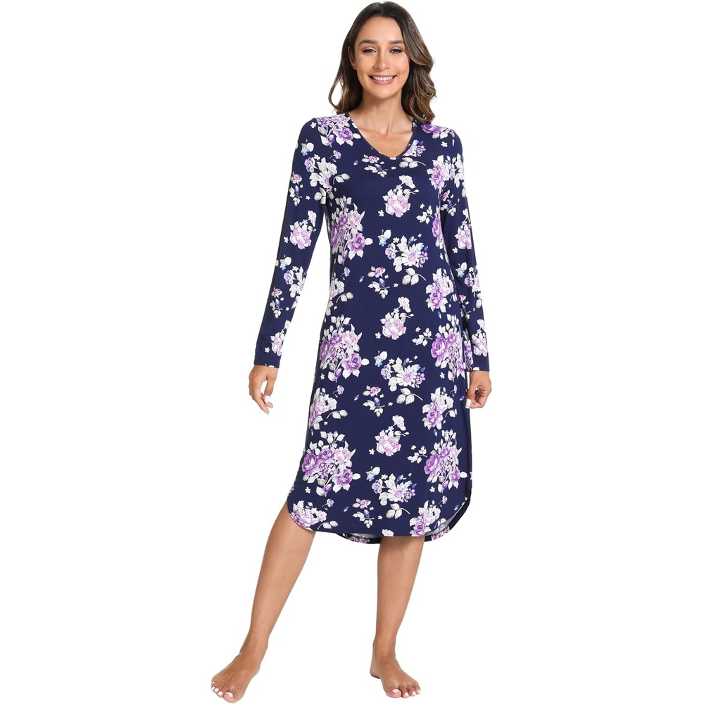 image:imageGYS Bamboo Viscose Nightgowns for Women Soft Long Sleeve VNeck Night ShirtPurple Floral