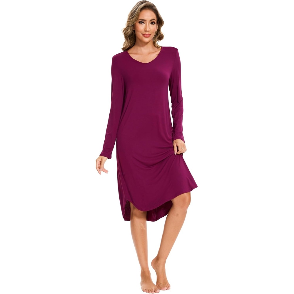 image:imageGYS Bamboo Viscose Nightgowns for Women Soft Long Sleeve VNeck Night ShirtPurplish Red