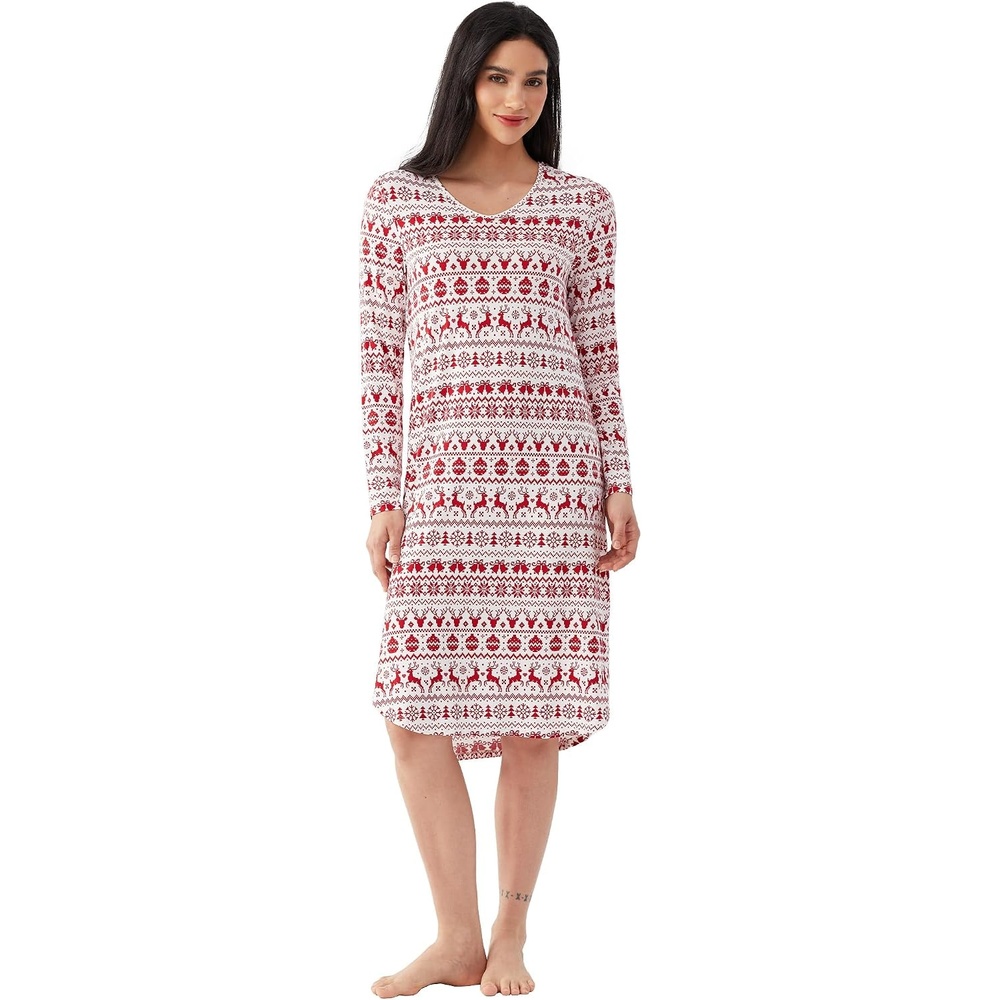 image:imageGYS Bamboo Viscose Nightgowns for Women Soft Long Sleeve VNeck Night ShirtRed Elk