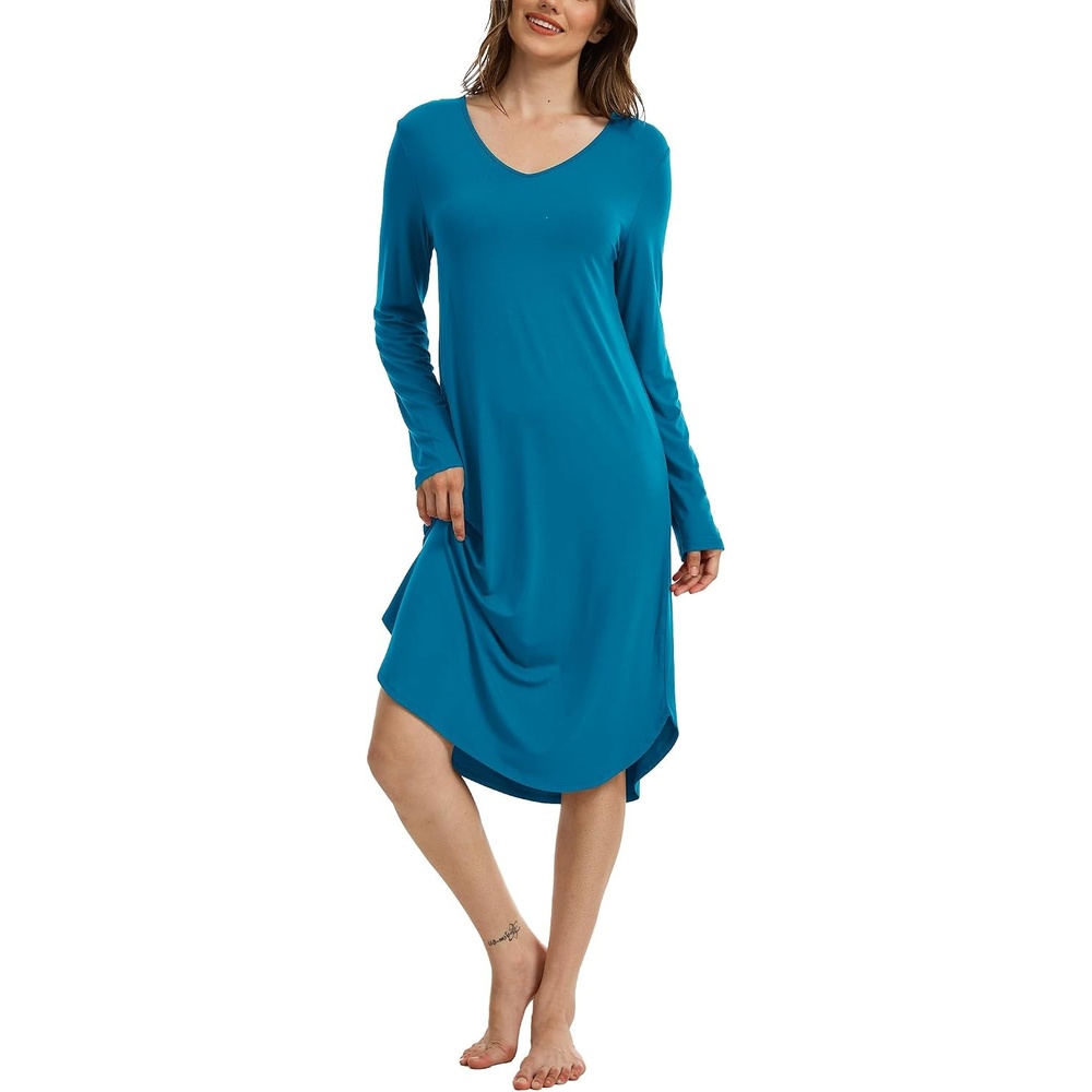 image:imageGYS Bamboo Viscose Nightgowns for Women Soft Long Sleeve VNeck Night ShirtTeal Blue