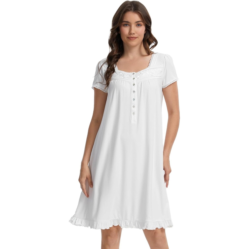 image:imageGYS Womens Bamboo Viscose Muumuu Puff Short Sleeve Pleated NightgownWhite