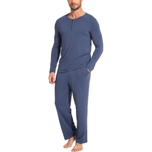 GYS Bamboo Viscose Men’s Pajama Sets, Long Sleeve Henley Neck Sleepwear(Midnight Blue)