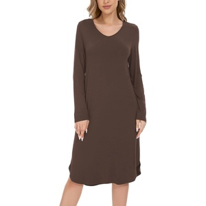 GYS Bamboo Viscose Nightgowns for Women Soft Long Sleeve V-Neck Night Shirt(Brown)