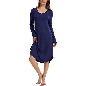 GYS Bamboo Viscose Nightgowns for Women Soft Long Sleeve V-Neck Night Shirt(Navy)