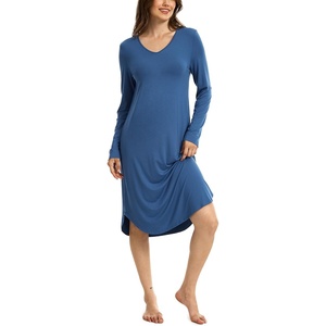 GYS Bamboo Viscose Nightgowns for Women Soft Long Sleeve V-Neck Night Shirt(Prussian Blue)