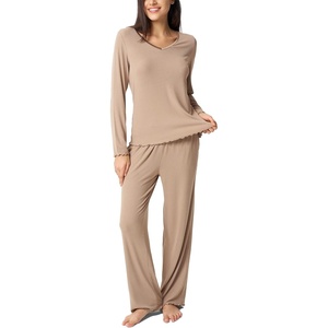 GYS Bamboo Viscose Pajamas for Women Long Sleeve Sleepwear for Hot Sleepers(Light Brown)