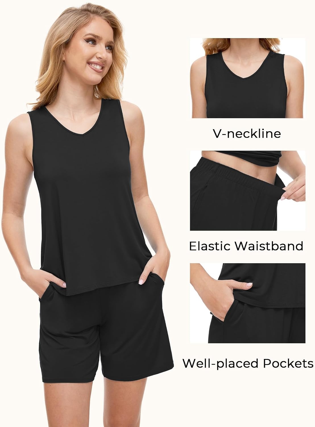 image:imageGYS Bamboo Viscose Pajamas for Women Set Sleeveless Summer SleepwearBlack