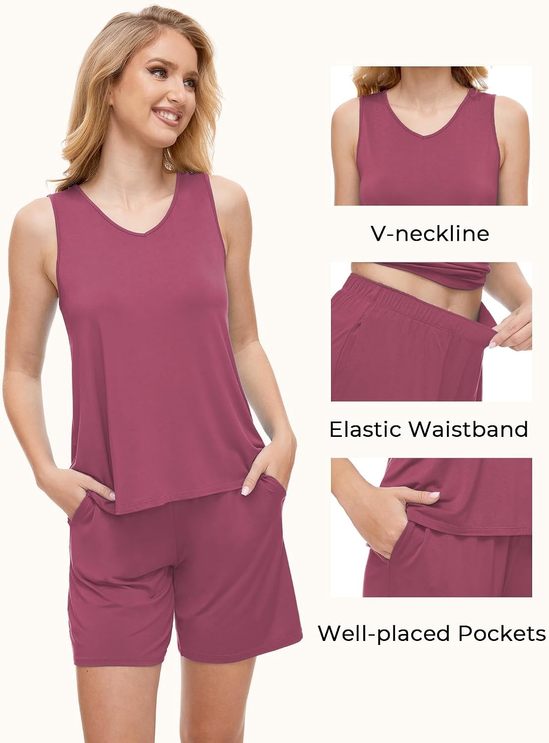 image:imageGYS Bamboo Viscose Pajamas for Women Set Sleeveless Summer SleepwearHaze Red