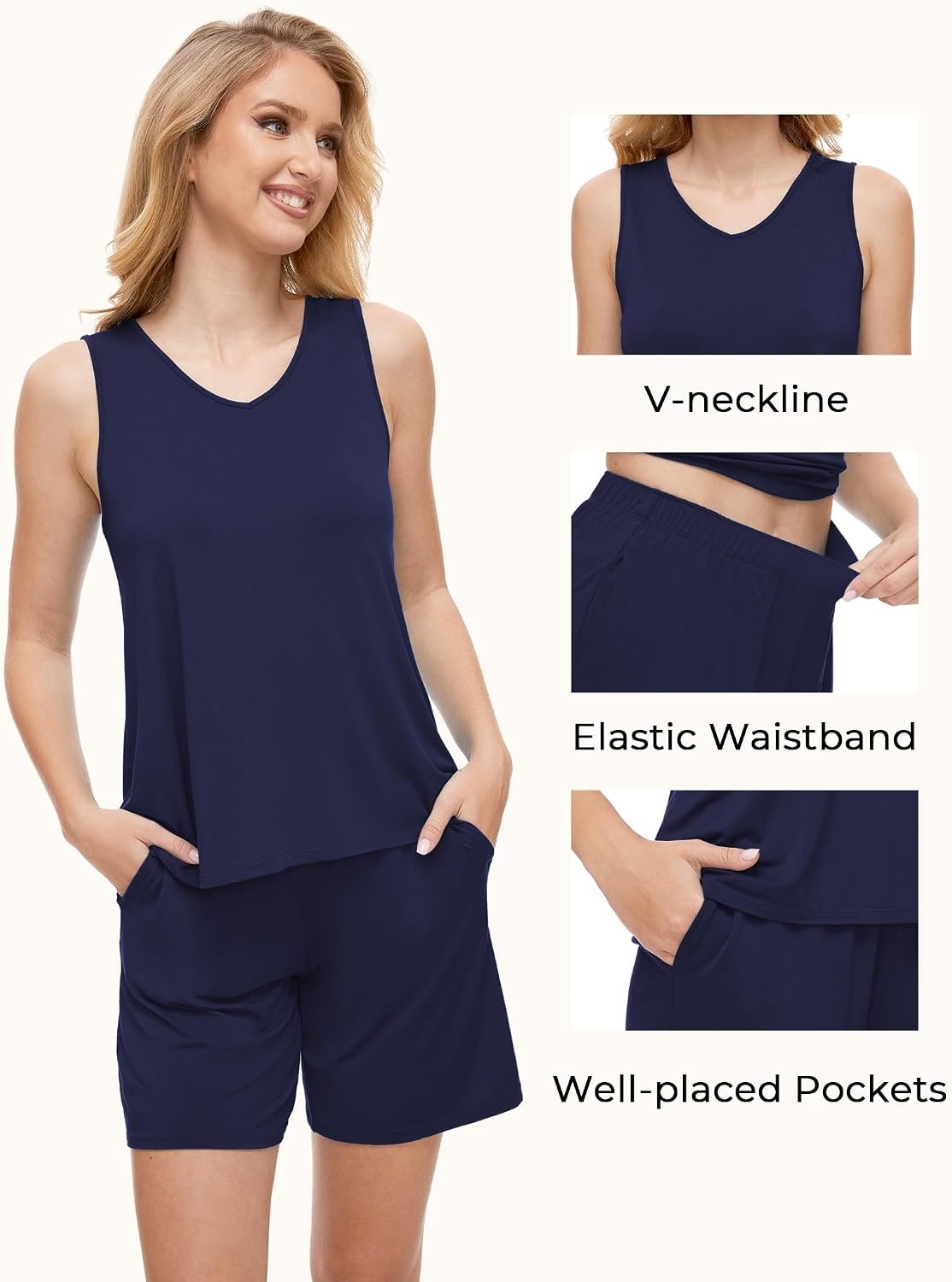 image:imageGYS Bamboo Viscose Pajamas for Women Set Sleeveless Summer SleepwearNavy