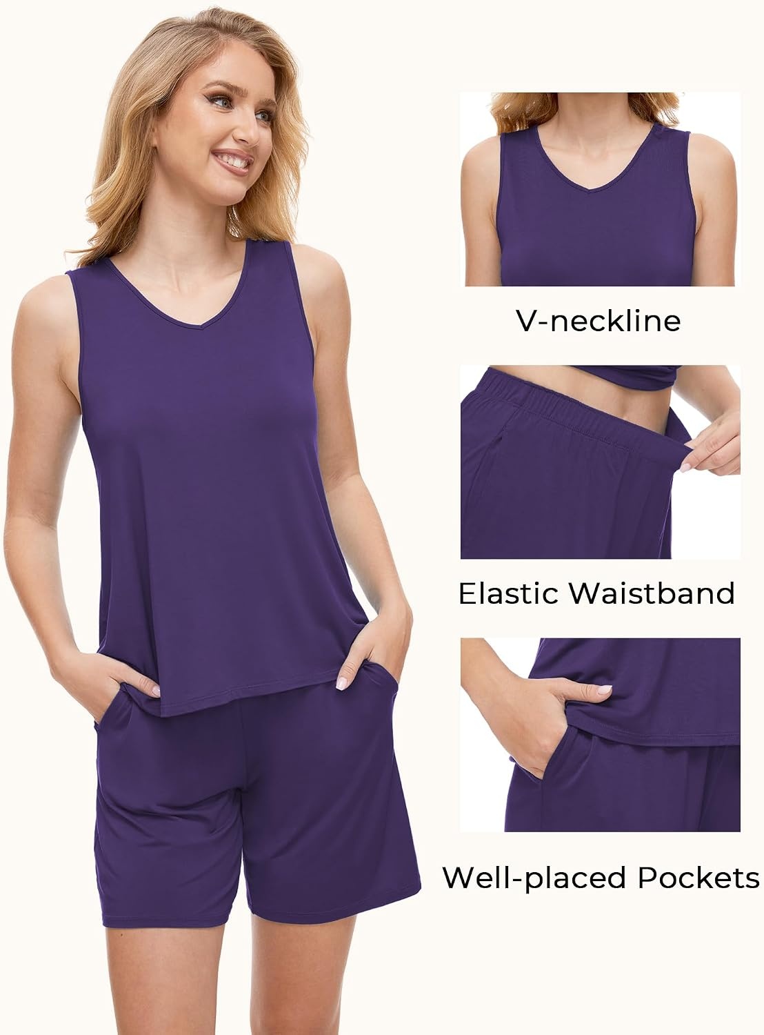 image:imageGYS Bamboo Viscose Pajamas for Women Set Sleeveless Summer SleepwearPurple