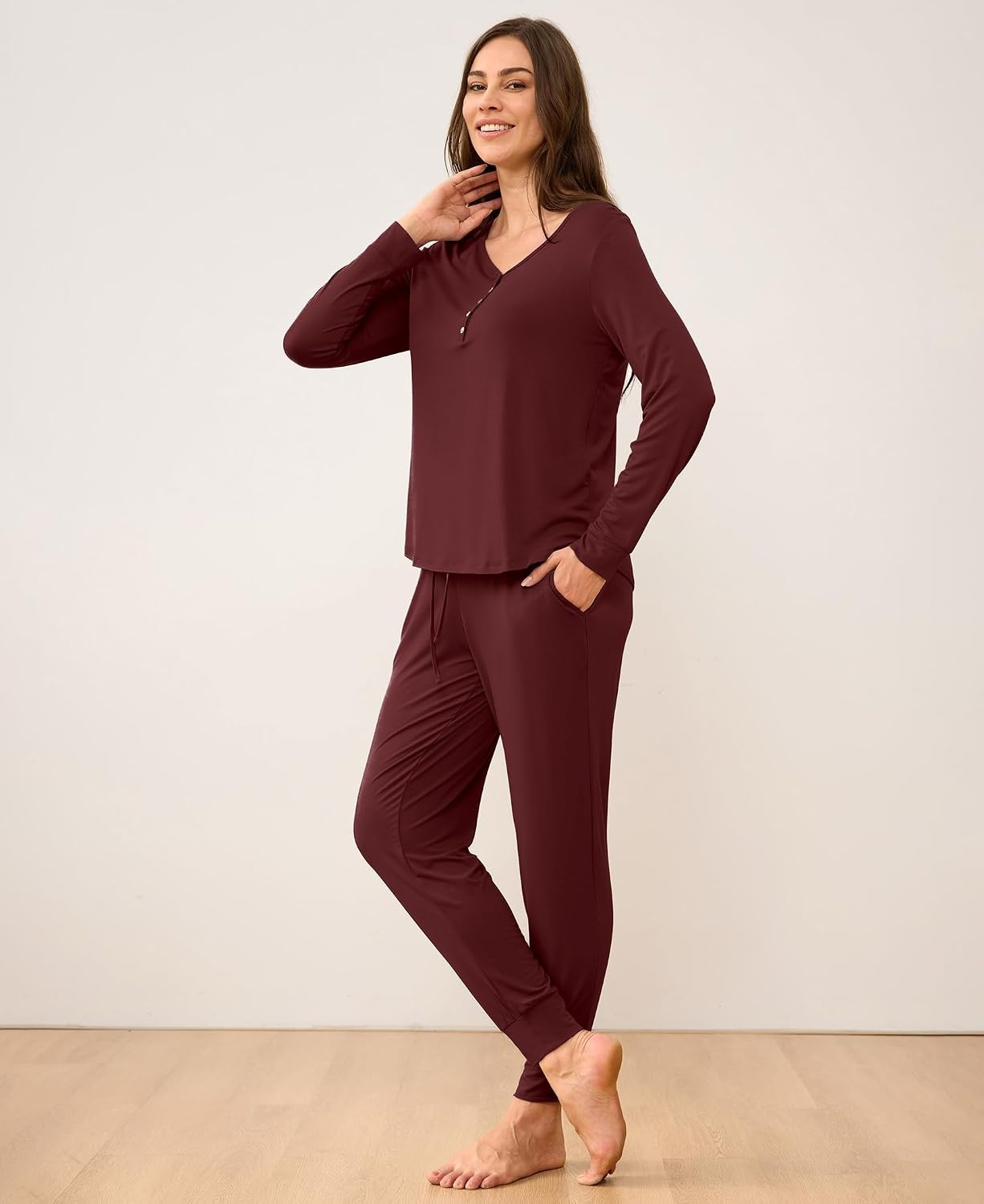 image:imageGYS Womens Bamboo Viscose Pajama Set Wide Waistband CoolingFicus Red