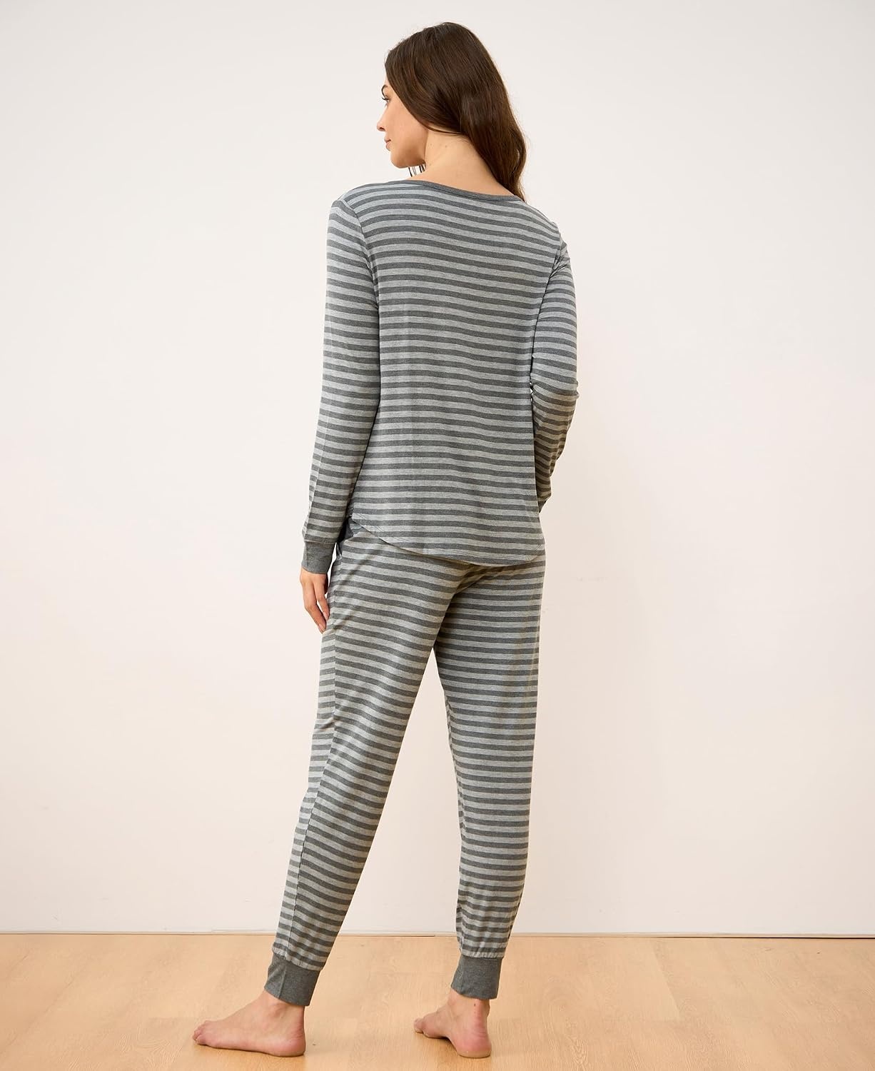 image:imageGYS Womens Bamboo Viscose Pajama Set Wide Waistband CoolingHeather Grey Stripe