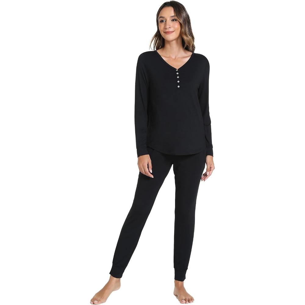 image:imageGYS Womens Bamboo Viscose Pajama Set Wide Waistband CoolingBlack