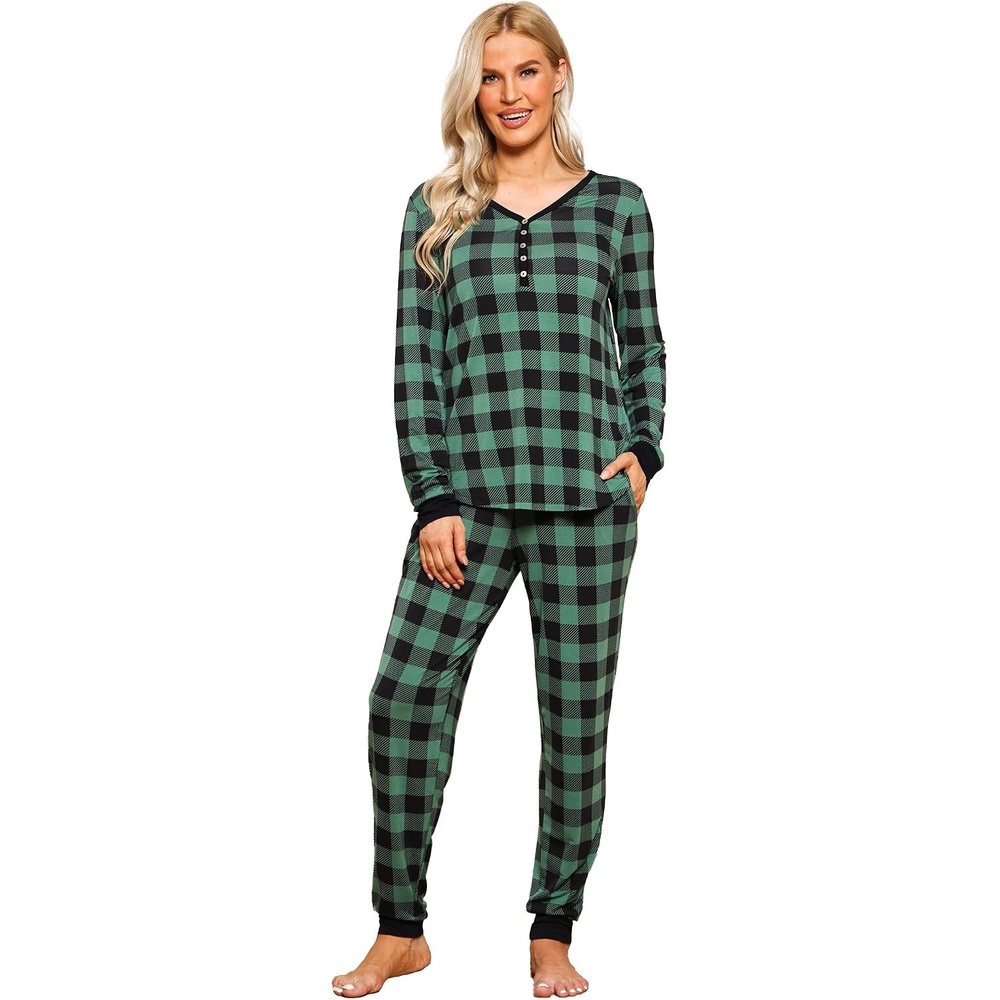 image:imageGYS Womens Bamboo Viscose Pajama Set Wide Waistband CoolingBlack Green Plaid