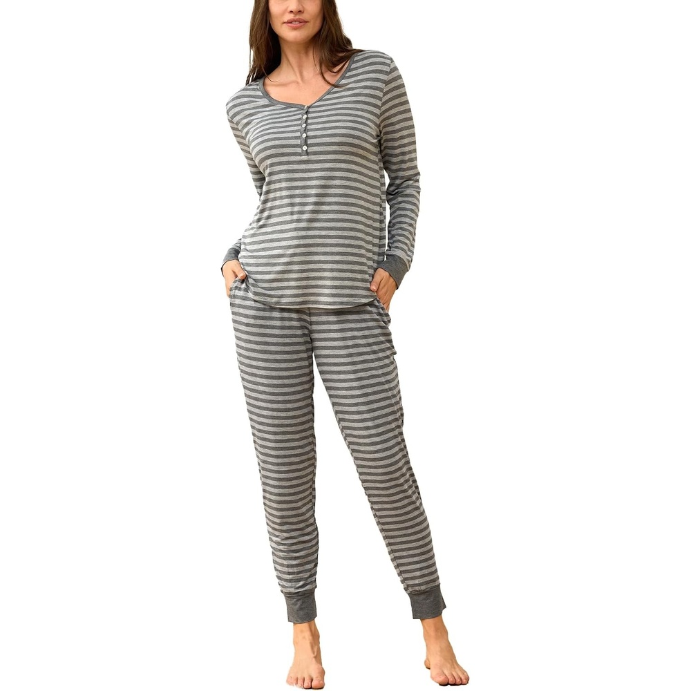 image:imageGYS Womens Bamboo Viscose Pajama Set Wide Waistband CoolingHeather Grey Stripe