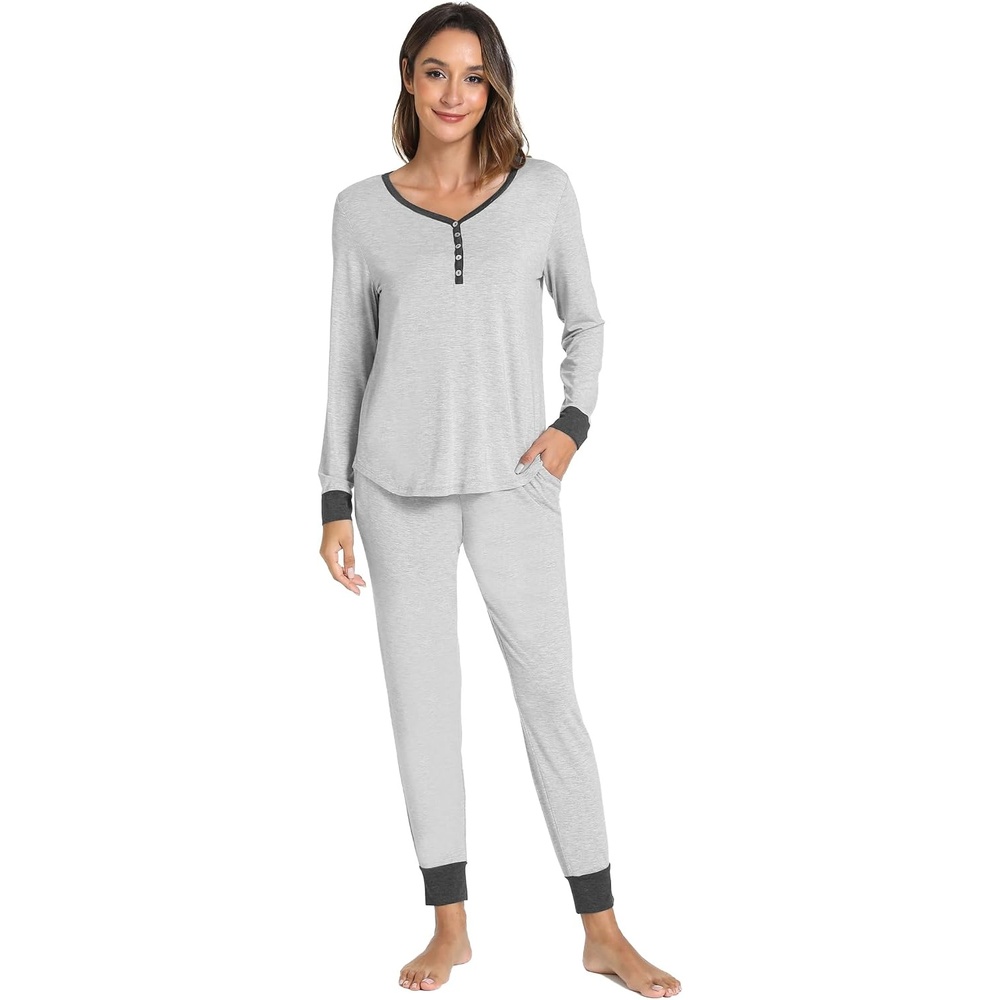 image:imageGYS Womens Bamboo Viscose Pajama Set Wide Waistband CoolingLight Heather Grey