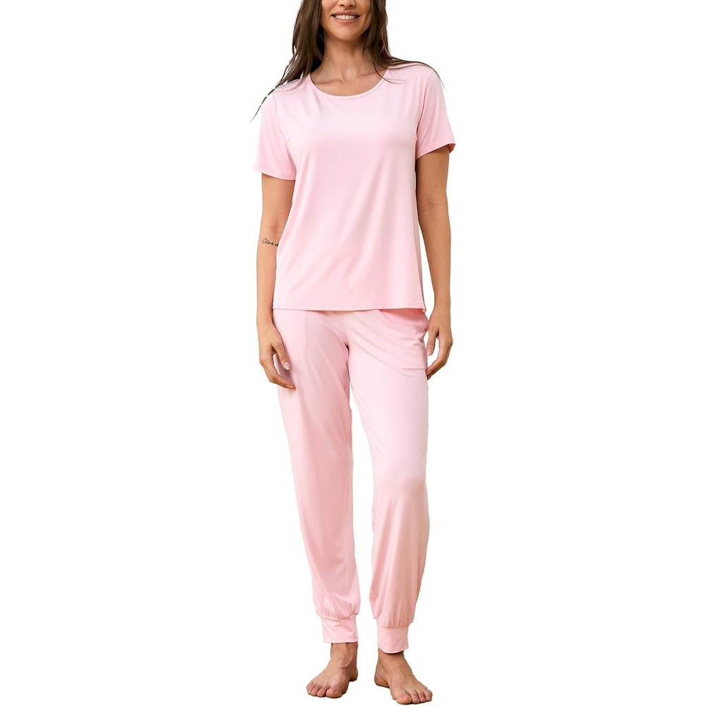 image:imageGYS Bamboo Viscose Cooling Pajamas for Women Short Sleeve Jogger Pants PjsPink