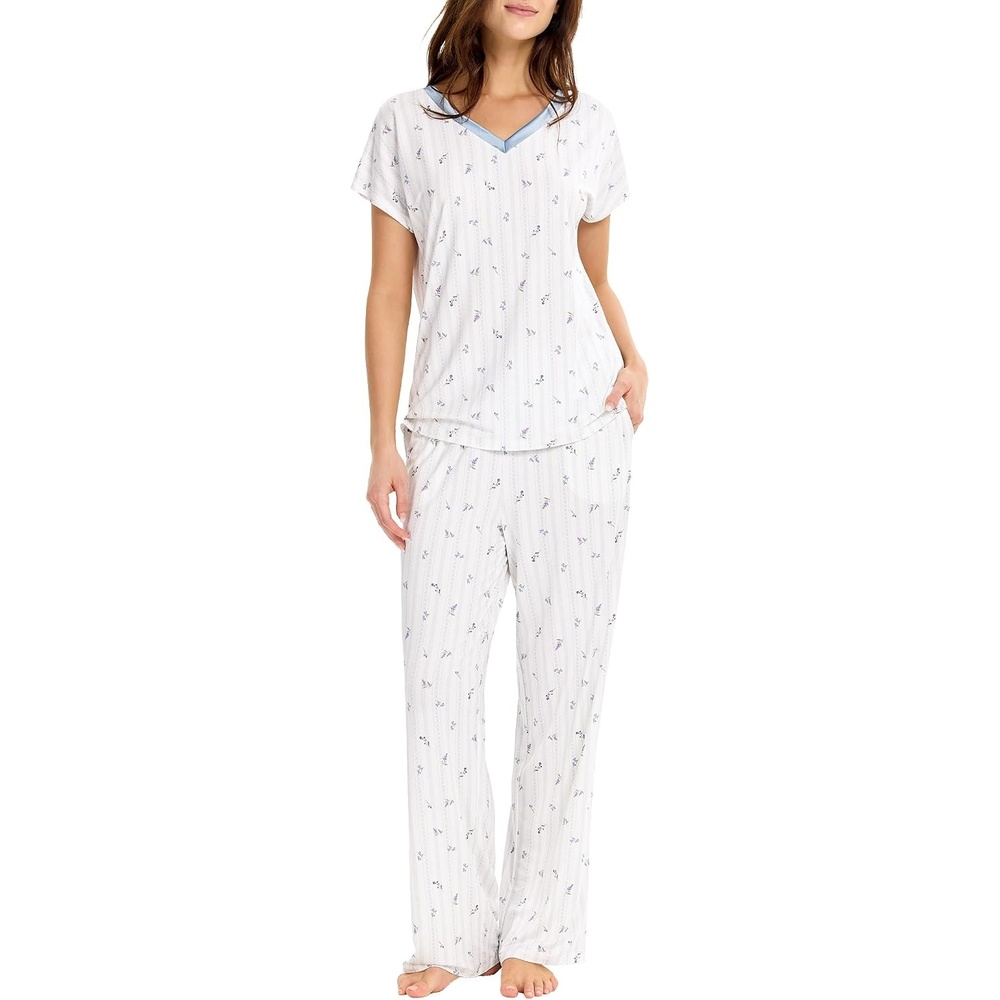 image:imageGYS Women Bamboo Viscose Short Sleeve PajamasLavender Stripes