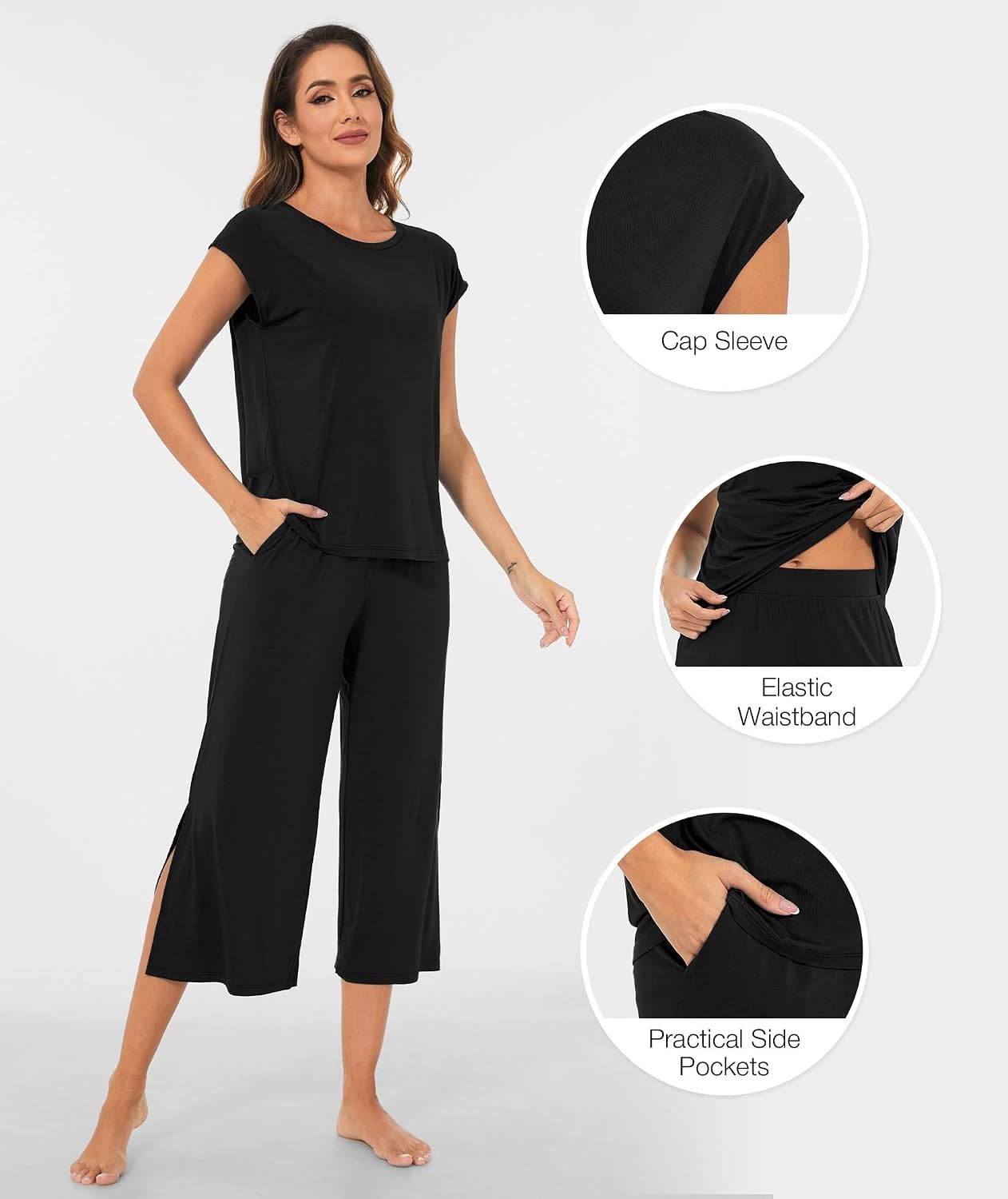 image:imageGYS Bamboo Viscose Pajamas for Women Set Summer Capri Pajamas SleepwearBlack