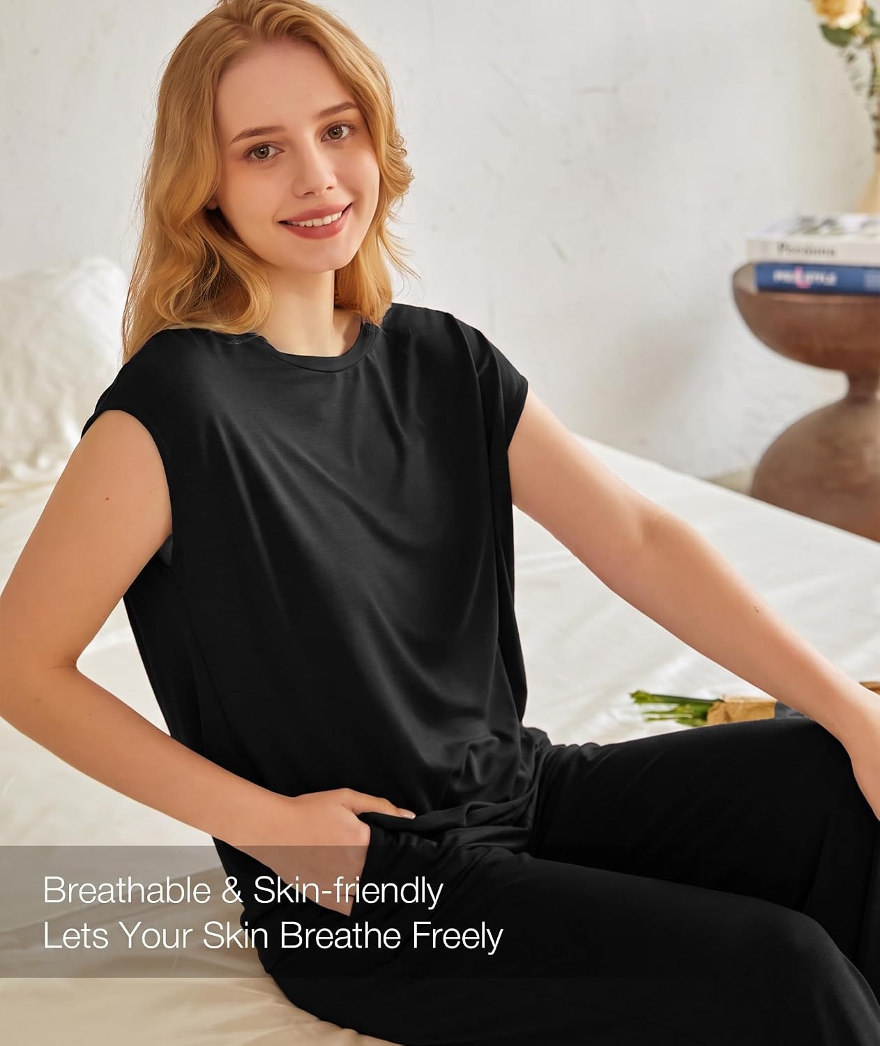 image:imageGYS Bamboo Viscose Pajamas for Women Set Summer Capri Pajamas SleepwearBlack